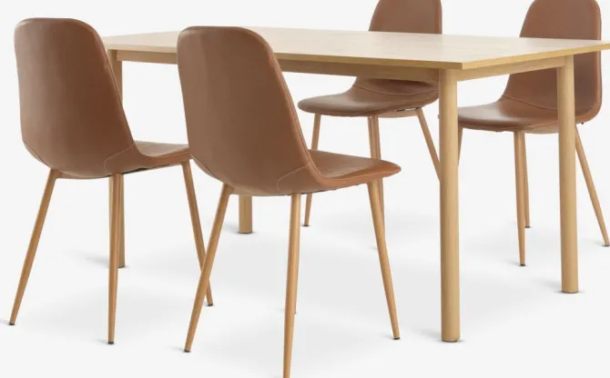 ALSTED L160 bord eg + 4 JONSTRUP stole cognac/eg