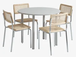HANSTED Ø100 bord varm grå + 4 HASSING stole rattan