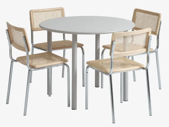 HANSTED Ø100 bord varm grå + 4 HASSING stole rattan