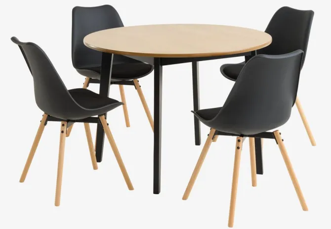 JEGIND Ø105 bord eg + 4 KASTRUP stole sort