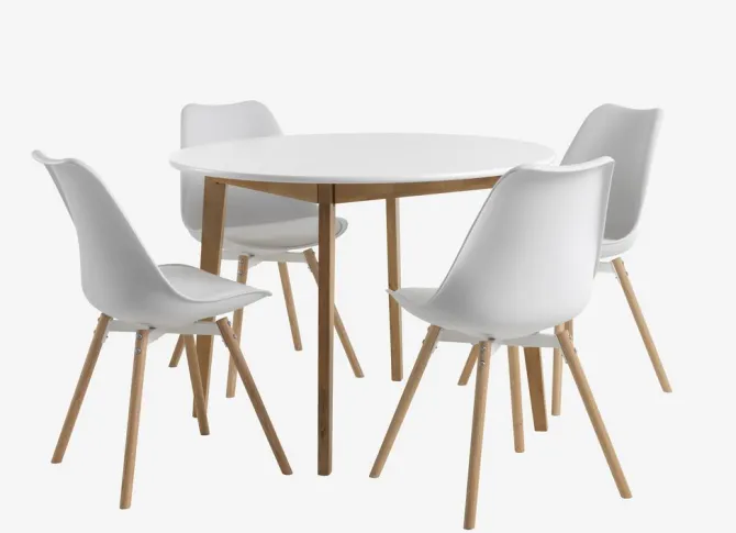JEGIND Ø105 bord hvid + 4 KASTRUP stole hvid