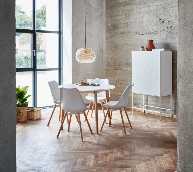 JEGIND Ø105 bord hvid + 4 KASTRUP stole hvid