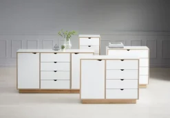 Kommode MAMMEN 5 skuffer smal hvid/eg