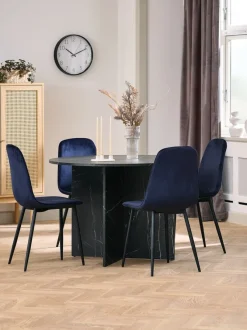 KRONDAL Ø110 bord marmor + 4 BISTRUP mørkeblå velour