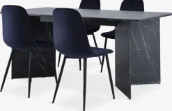 KRONDAL L180 bord marmor + 4 BISTRUP mørkeblå velour