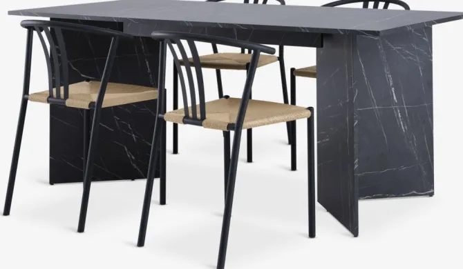 KRONDAL L180 bord marmor + 4 JYDERUP sort/natur