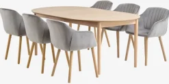 MARSTRAND Ø110 bord eg + 4 ADSLEV stole grå velour