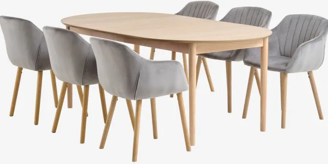 MARSTRAND Ø110 bord eg + 4 ADSLEV stole grå velour