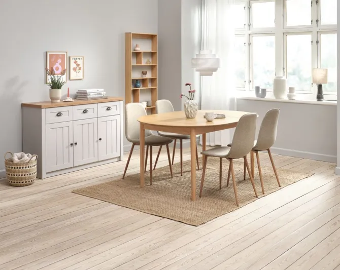 MARSTRAND Ø110 bord eg + 4 BISTRUP stole sand