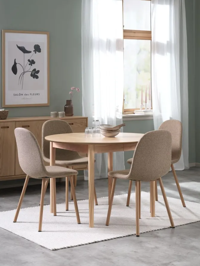 MARSTRAND Ø110 bord eg + 4 EJSTRUP stole mørk sand/eg