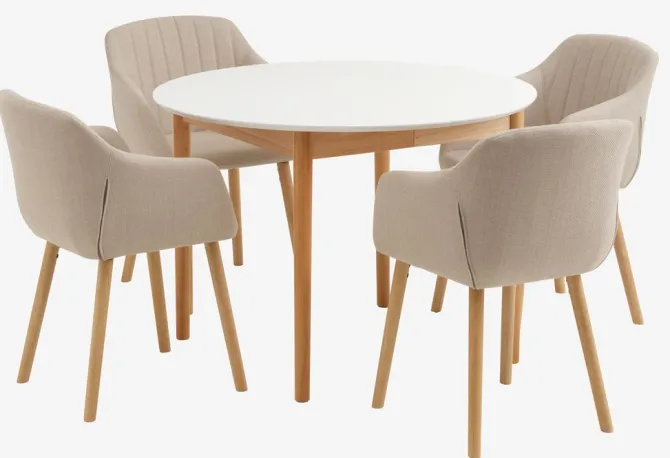MARSTRAND Ø110 bord hvid + 4 ADSLEV stole beige