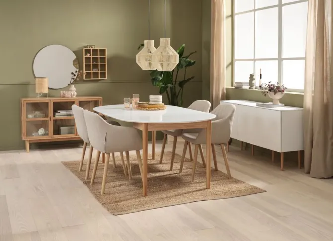 MARSTRAND Ø110 bord hvid + 4 ADSLEV stole beige