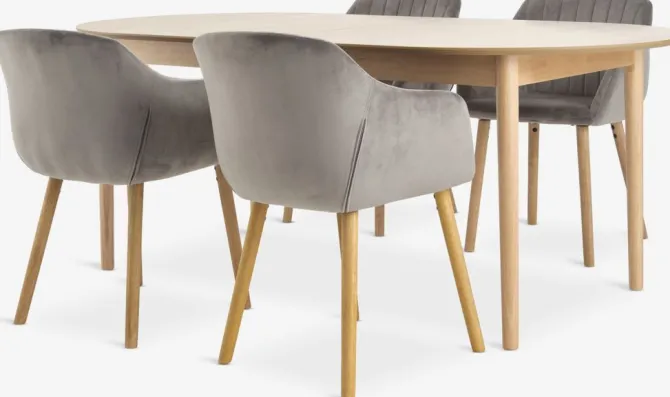 MARSTRAND L200 bord eg + 4 ADSLEV stole grå velour