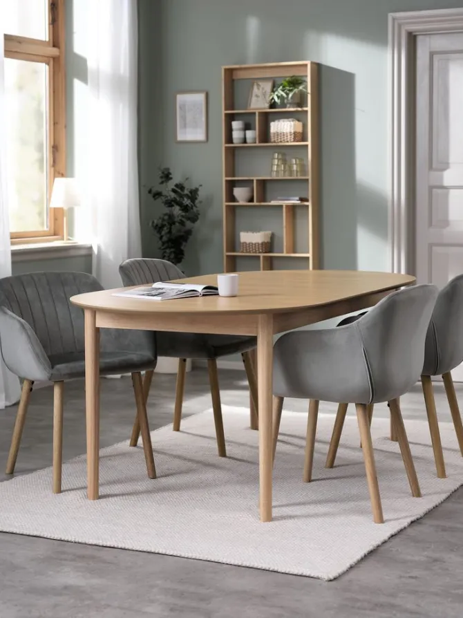 MARSTRAND L200 bord eg + 4 ADSLEV stole grå velour
