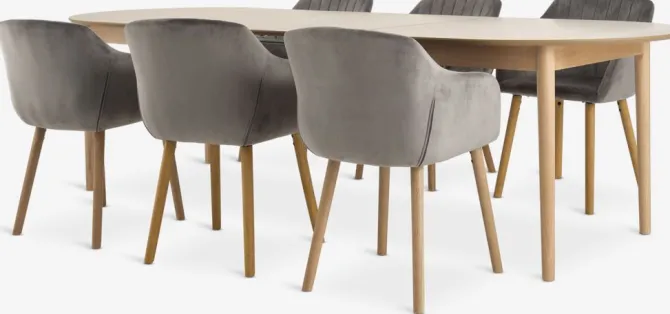MARSTRAND L200 bord eg + 4 ADSLEV stole grå velour
