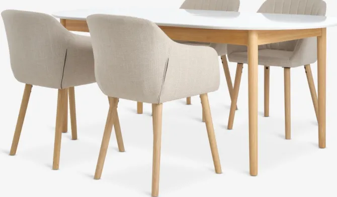 MARSTRAND L200 bord hvid + 4 ADSLEV stole beige