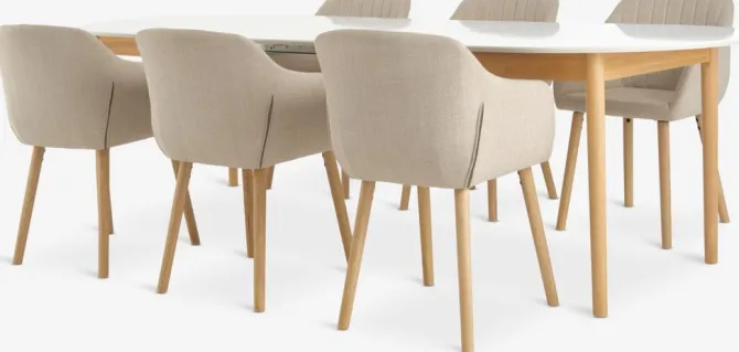 MARSTRAND L200 bord hvid + 4 ADSLEV stole beige