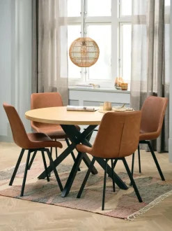 NORTOFT Ø120 bord eg + 4 HYGUM stole cognac/sort