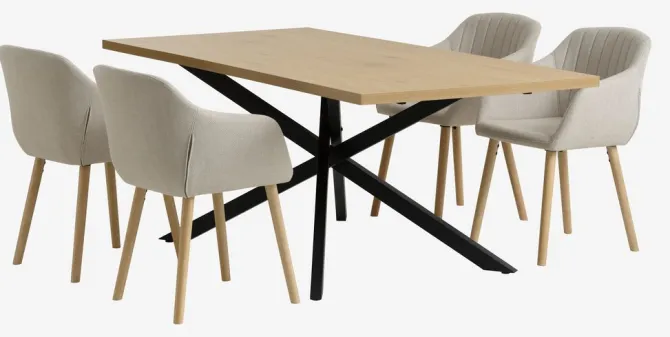 NORTOFT L200 bord eg + 4 ADSLEV stole beige stof