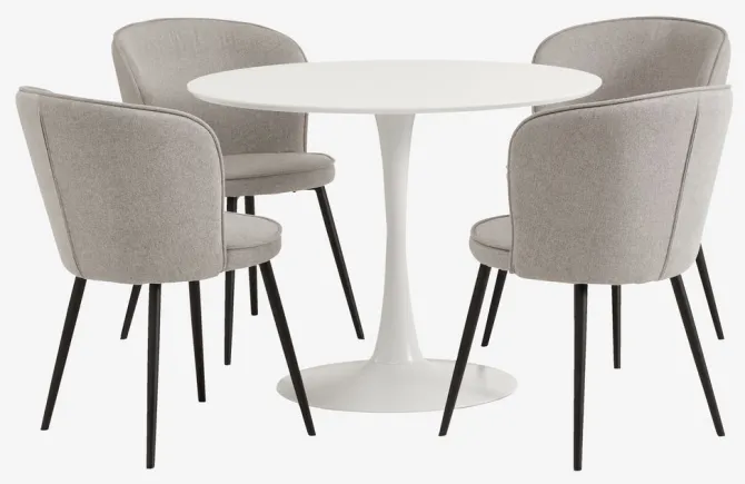 RINGSTED Ø100 bord hvid + 4 RISSKOV stole lysegrå