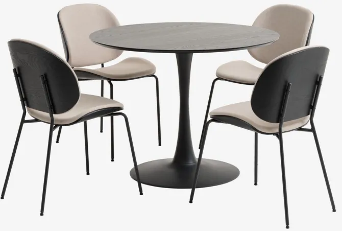 RINGSTED Ø100 bord sort + 4 TESTRUP stole sand
