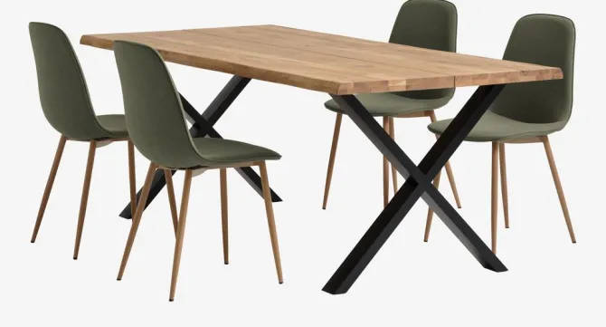 ROSLEV L200 bord eg natur + 4 BISTRUP stole olivengrøn