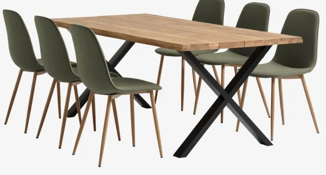 ROSLEV L200 bord eg natur + 4 BISTRUP stole olivengrøn