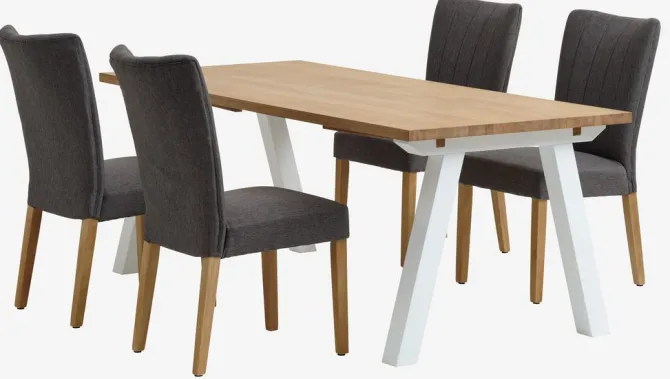 SKAGEN L200 bord eg + 4 NORDRUP stole grå