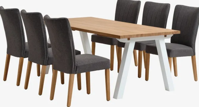 SKAGEN L200 bord eg + 4 NORDRUP stole grå