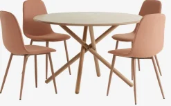 SKIBET Ø120 bord lys eg + 4 BISTRUP stole fersken