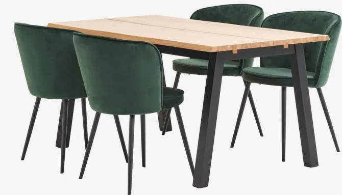 SKOVLUNDE L160 bord lys eg + 4 RISSKOV stole mørkegrøn