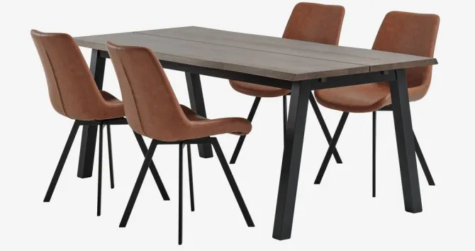SKOVLUNDE L200 bord mørk eg + 4 HYGUM stole cognac