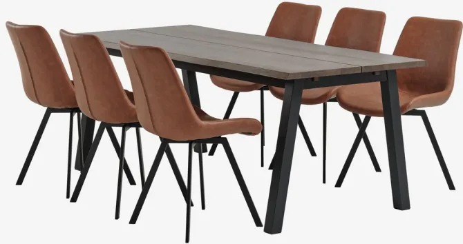 SKOVLUNDE L200 bord mørk eg + 4 HYGUM stole cognac