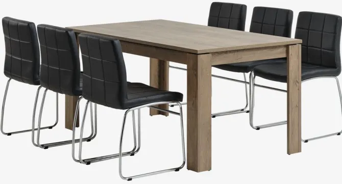 VEDDE L160 bord vild eg + 4 HAMMEL stole sort