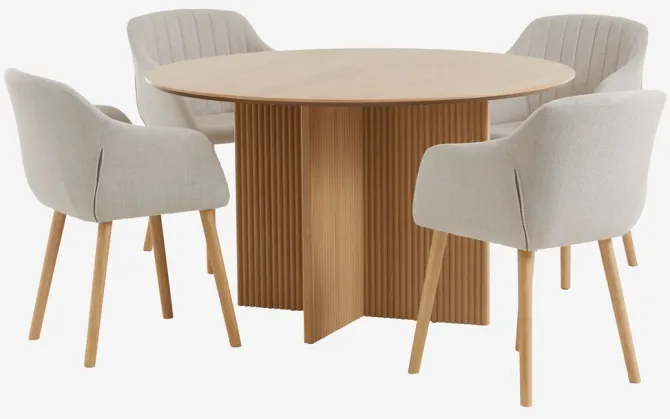 VESTERBORG Ø130 bord eg + 4 ADSLEV stole beige